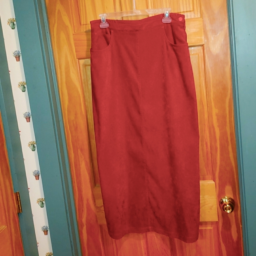 Christopher & Banks Red Sueded Fabric Midi Skirt Embroidery at Bottom Size 12